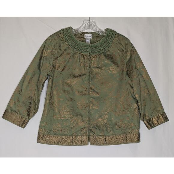CHICO'S women size Medium Persian Luster Zariah Green Gold Jacket Royalty Regal - Picture 1 of 9
